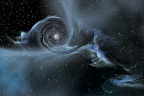 An artist's drawing shows a large black hole pulling gas away from a nearby star