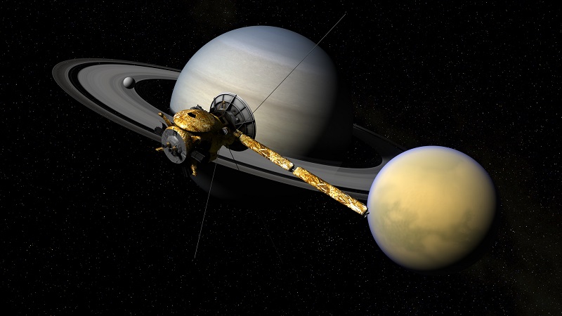 Cassini moving over Titan, Enceladus and Saturn