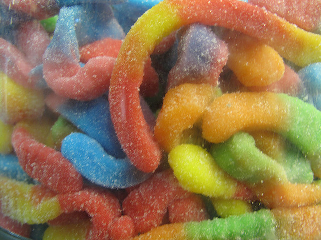 Multicolored gummy worms