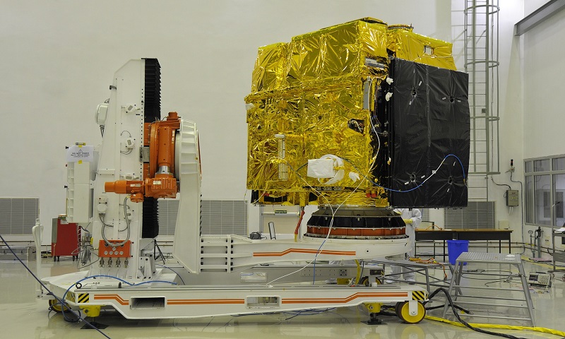 Astrostat during pre launch test in the clean room, The solar panels are wrapped and folded. Image Credit: www.isro.gov.in